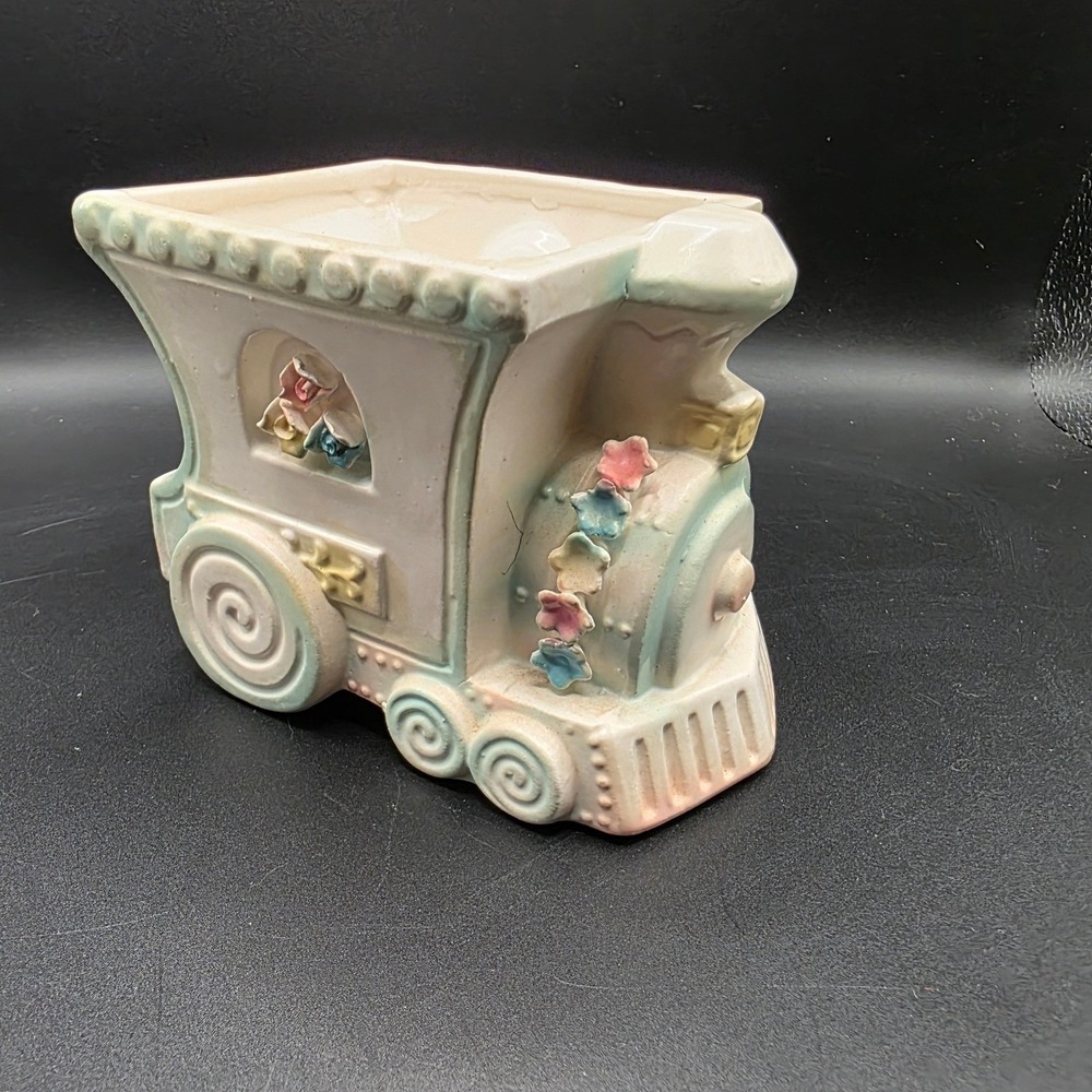 Vintage Ceramic Train Engine Planter Pastel Floral Nursery Decor 516